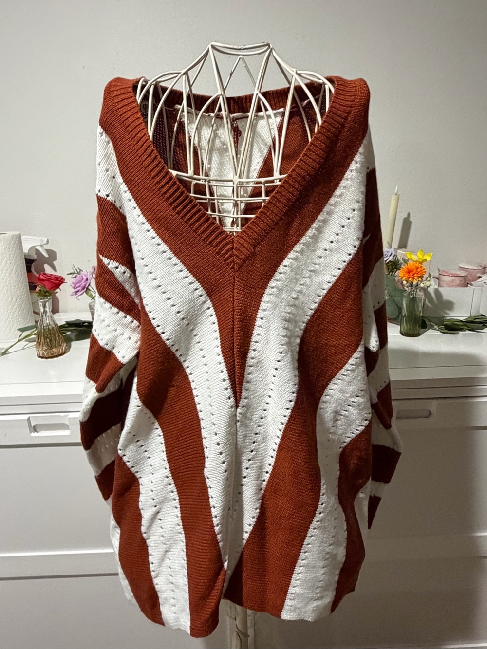 Striped V-Neck Sweater in Rust and White